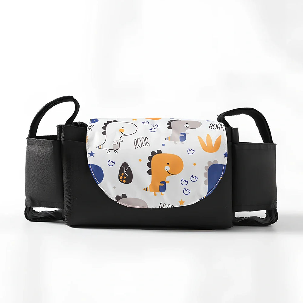 35cm wide baby stroller organiser with compartments and velcro dust cover mounted on pram pole