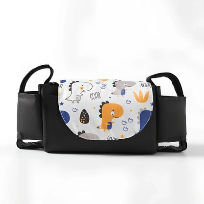 35cm wide baby stroller organiser with compartments and velcro dust cover mounted on pram pole