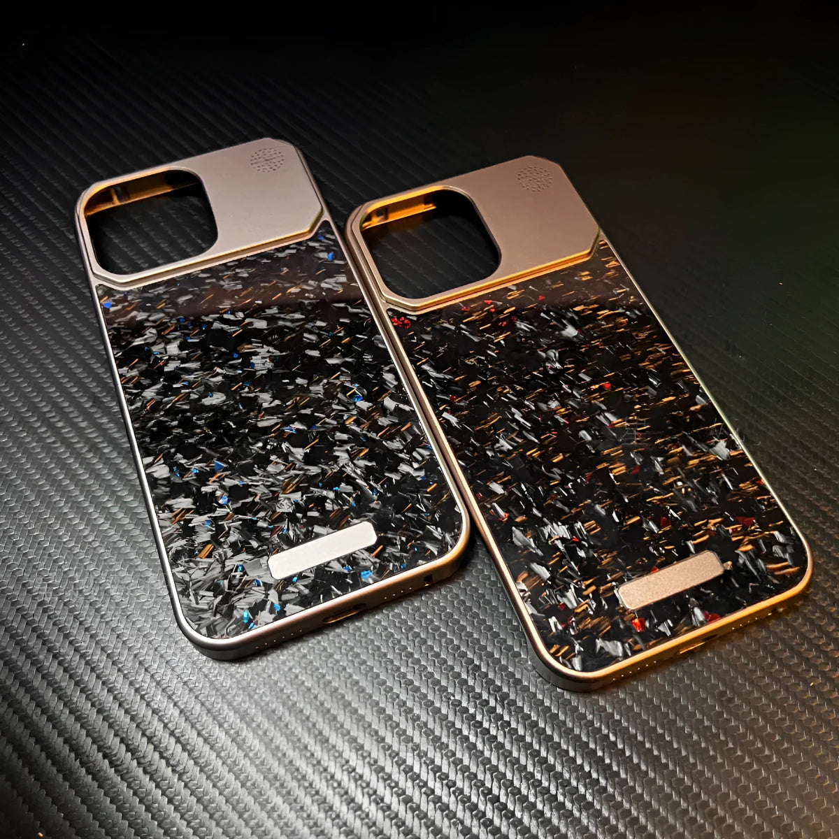 Frameless metal aromatherapy phone case with forged fiber pattern and magnetic charging for iPhone 15 Pro to 16 Pro Max