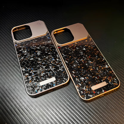 Frameless metal aromatherapy phone case with forged fiber pattern and magnetic charging for iPhone 15 Pro to 16 Pro Max