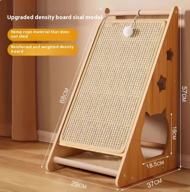 Vertical wall-mounted cat scratch board with sisal surface and hemp rope-covered teasing ball