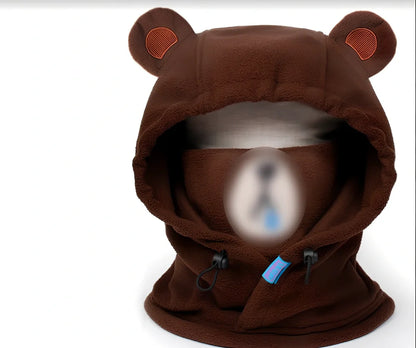 Ski helmet cover with cartoon animal designs including brown bear and white bear patterns for winter sports