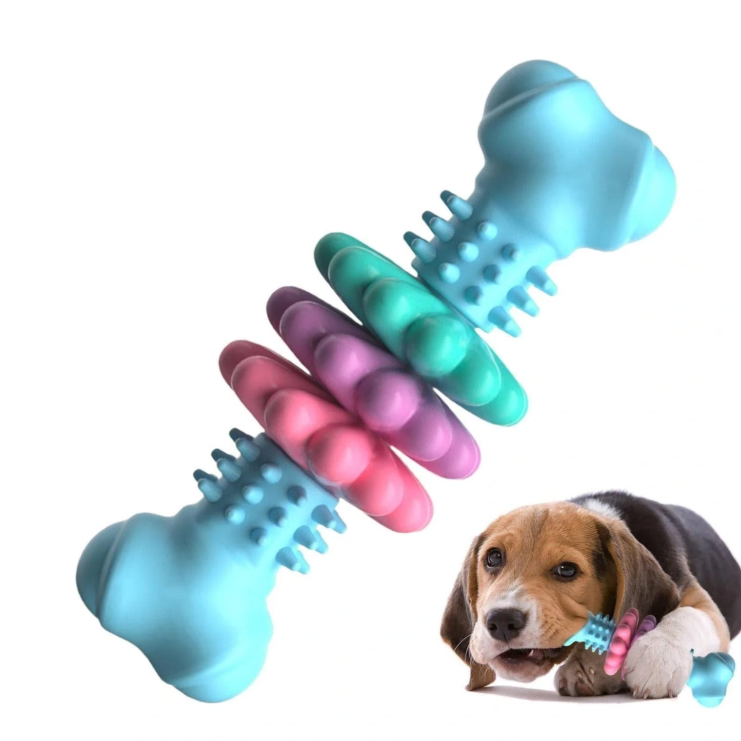 TPR Dog Chew Bone in blue, pink, and green for teeth cleaning and stress relief