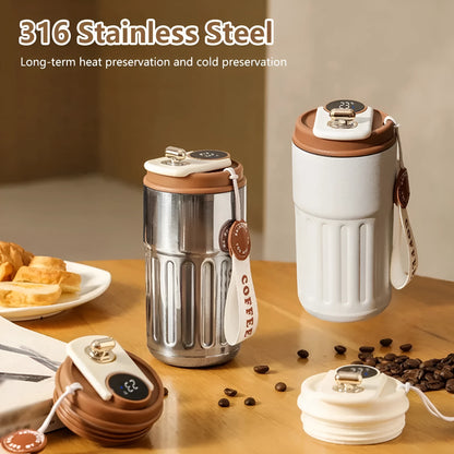 Digital thermal insulated bottle with temperature display and handle, stainless steel construction, 450ml capacity