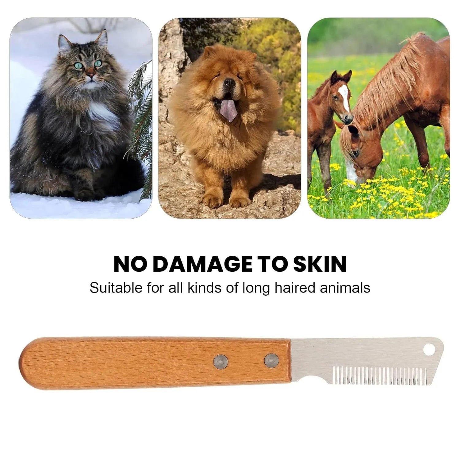 Dog stripping comb grooming tool with wood handle and metal blade for removing hair.
