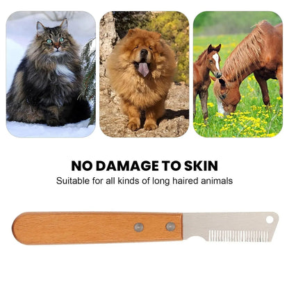 Dog stripping comb grooming tool with wood handle and metal blade for removing hair.