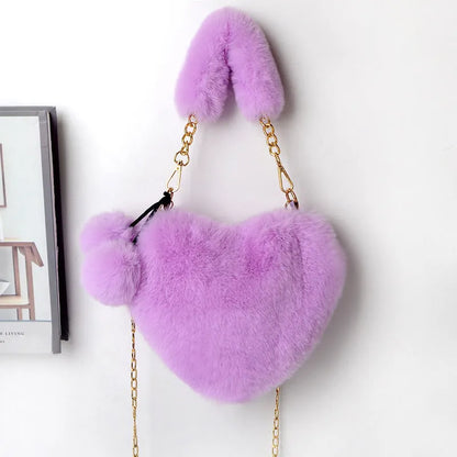 Plush heart-shaped women's handbag in medium size with removable shoulder strap