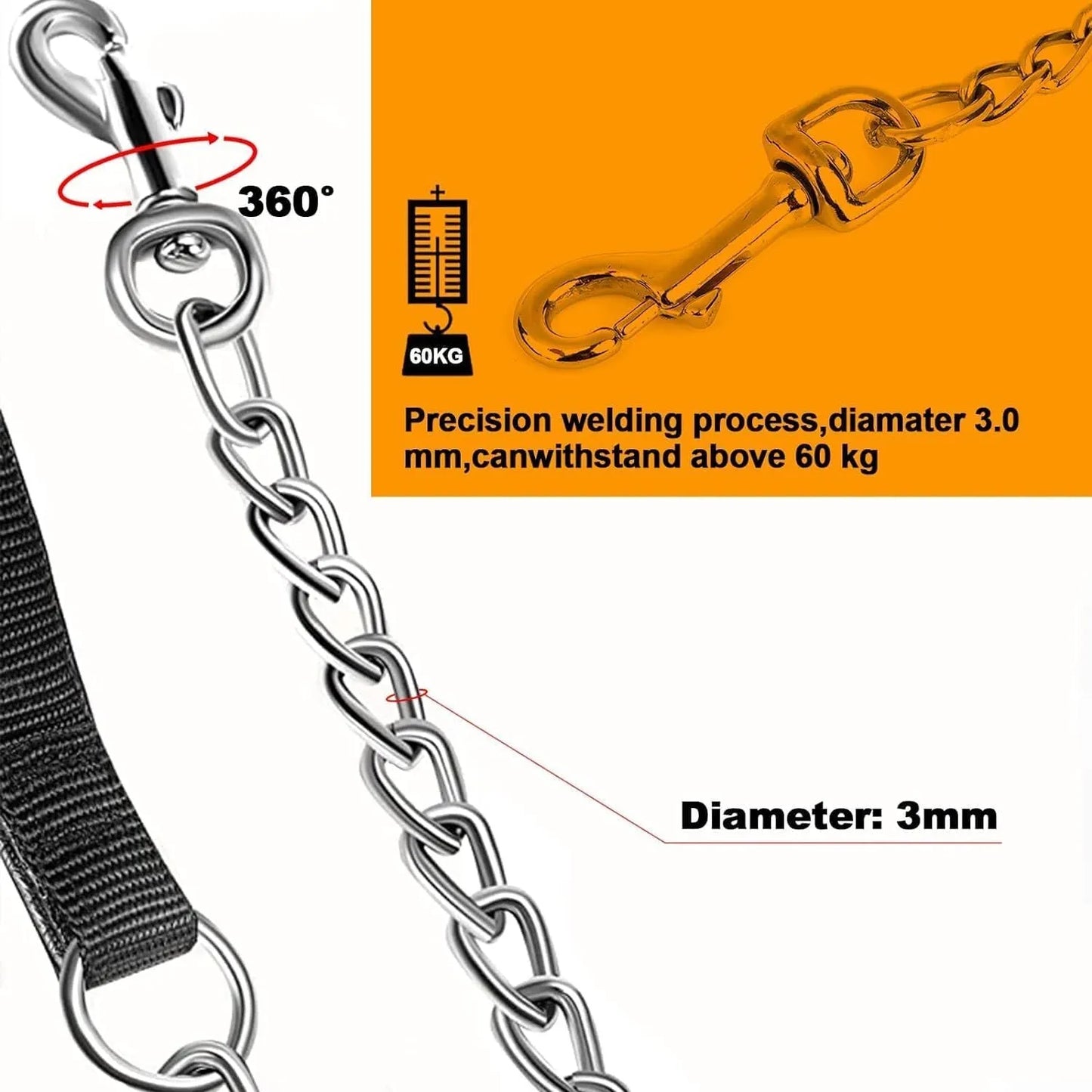 Heavy duty metal dog leash with black chain and soft padded handle, measuring 120cm in length