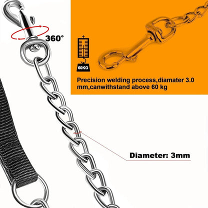 Heavy duty metal dog leash with black chain and soft padded handle, measuring 120cm in length