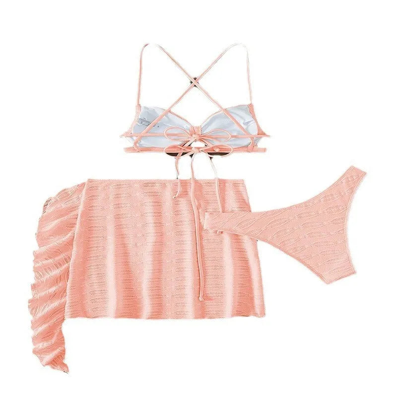 Women's light pink lace-up bikini three-piece swimsuit with removable skirt