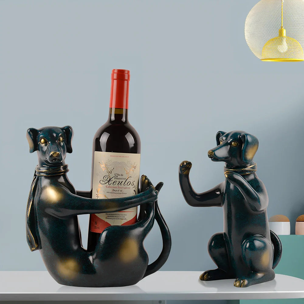 Handcrafted resin dog wine rack in sitting position measuring 23cm tall, storing wine bottle