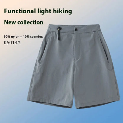 Men's khaki sports shorts with quick-drying fabric and elastic waist for running and climbing activities