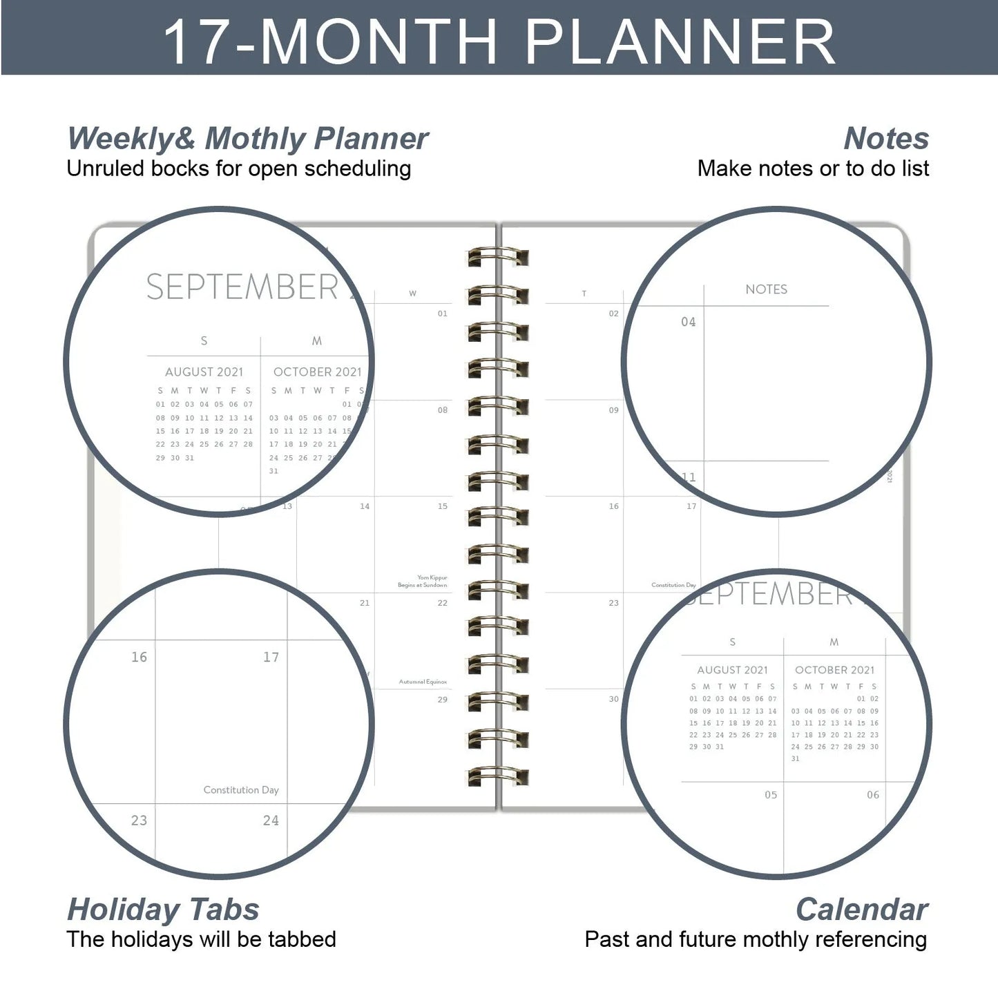 2022 week planner notebook with PU leather cover and coil binding, showing month grid pages
