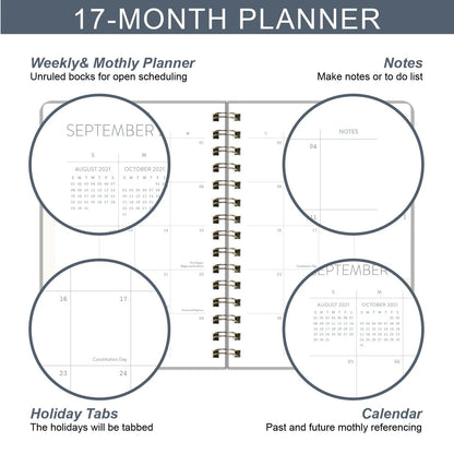 2022 week planner notebook with PU leather cover and coil binding, showing month grid pages