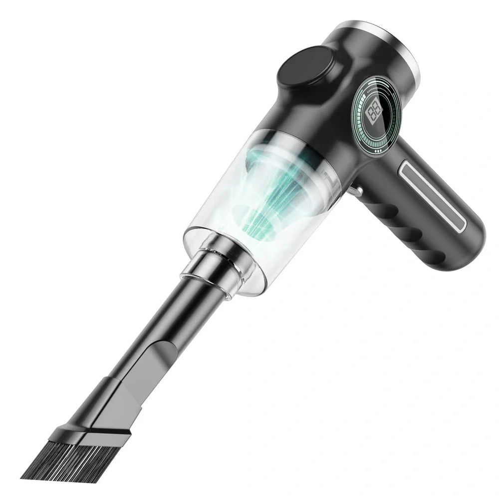 Black and green handheld vacuum cleaner with USB charging cable for car and home use