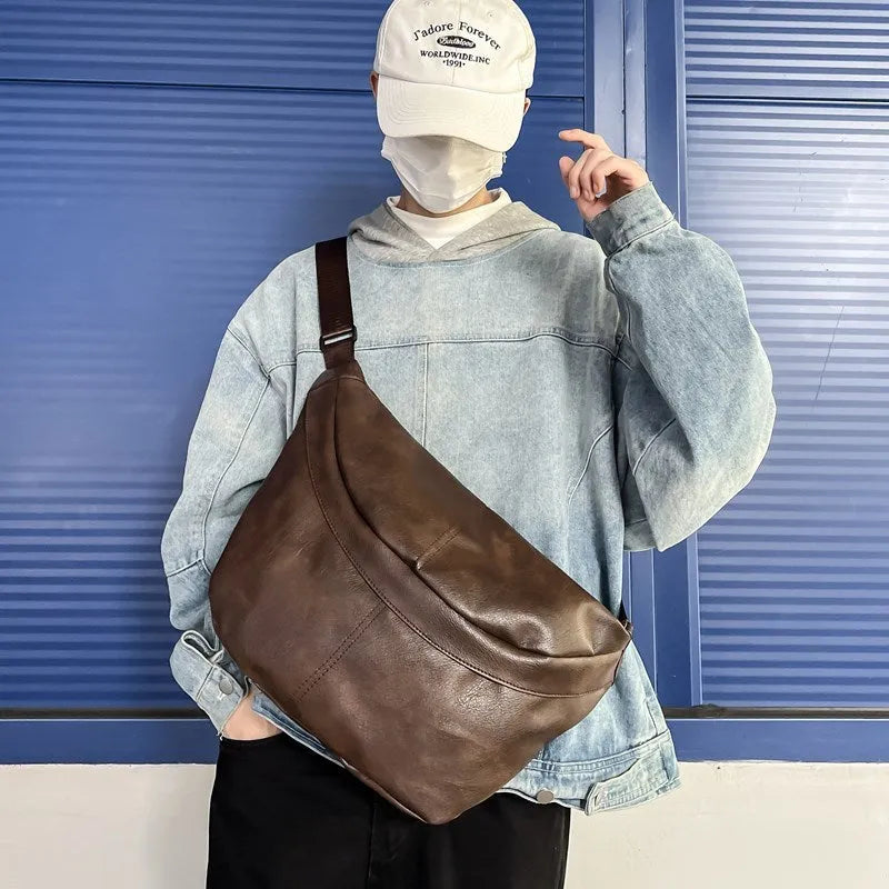Men's crossbody bag large capacity 50x29x3cm PU leather vintage retro style waterproof wear resistant heat preservation lining polyester in brown black or white