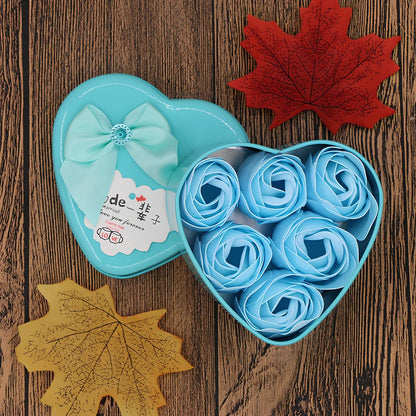 Handmade soap flowers in red heart-shaped tin box measuring 12x12x5cm