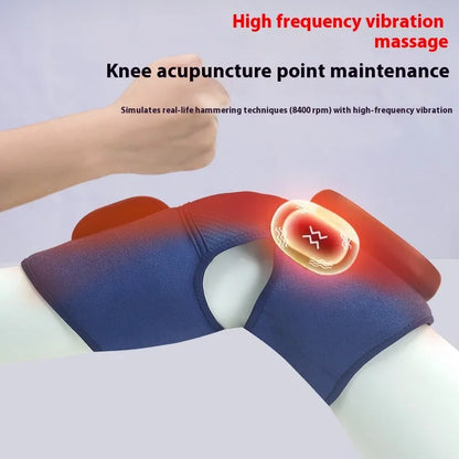 Blue self-heating knee massager showing airbag construction and control interface