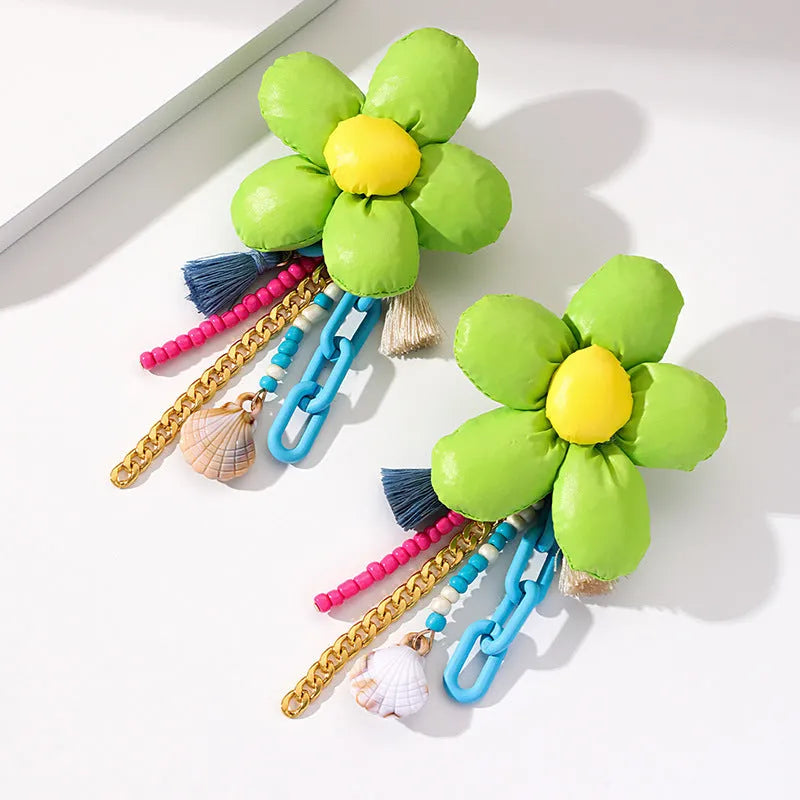 Handmade bohemian shell tassel earrings for women with colourful flower and geometric drop design