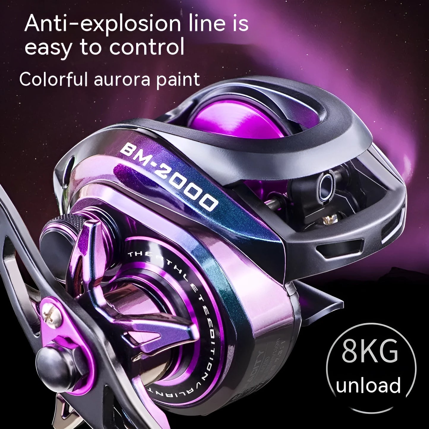 Colourful BM2000 spinning fishing reel with magnetic brake, shown in left and right-hand retrieve models.