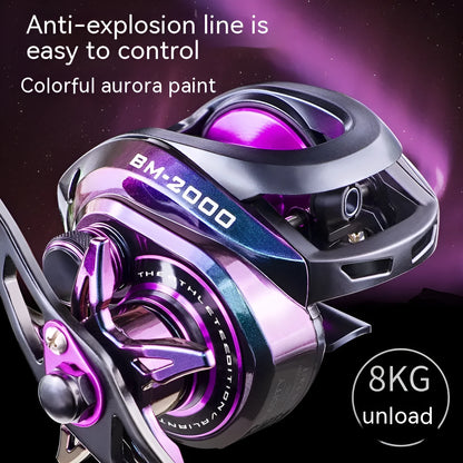Colourful BM2000 spinning fishing reel with magnetic brake, shown in left and right-hand retrieve models.