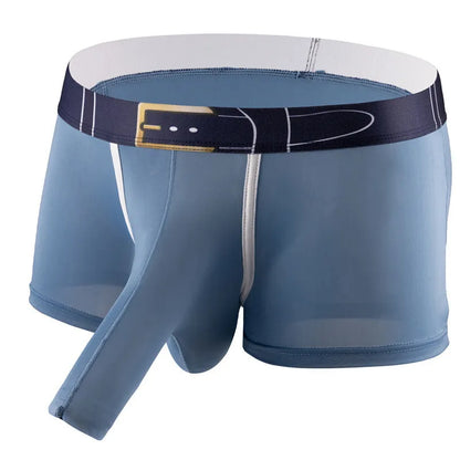 Men's solid colour Ice Silk boxers in black, shown laid flat, with a mid waist design.