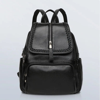 Blue genuine leather women's backpack with external sandwich pocket and internal organiser compartments
