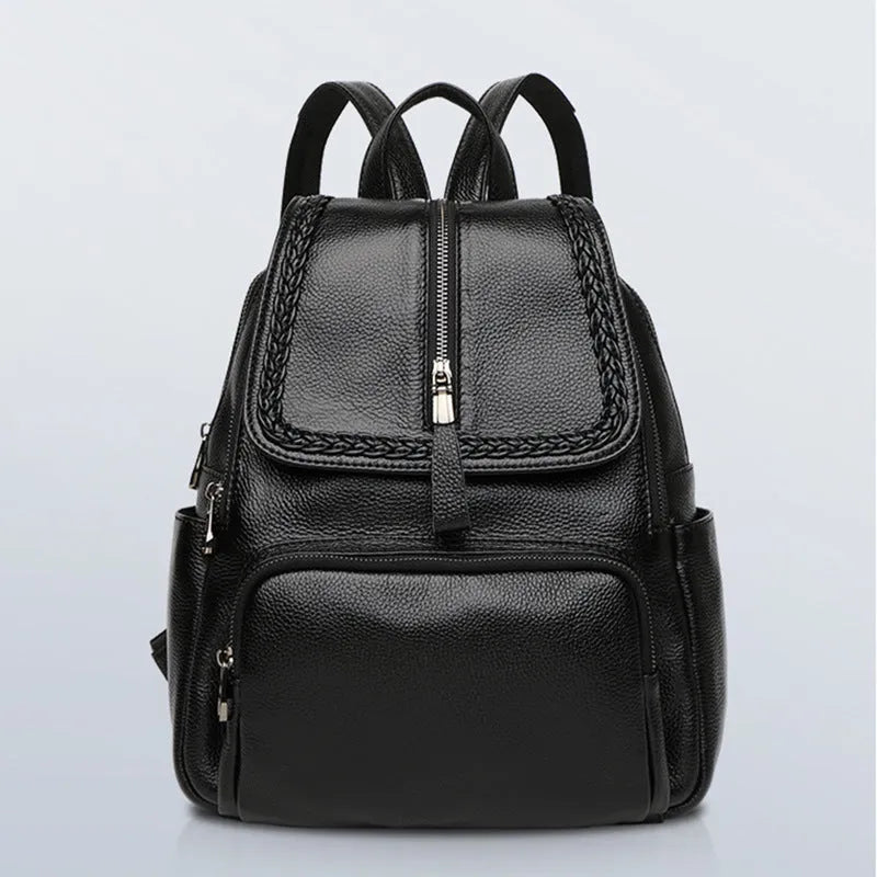Street Trend Solid Colour Leather Women's Backpack made from first layer cowhide for daily use, featuring waterproof construction with zipper bag modification, mobile phone pocket, file compartment and sandwich zipper pockets in blue or wine red