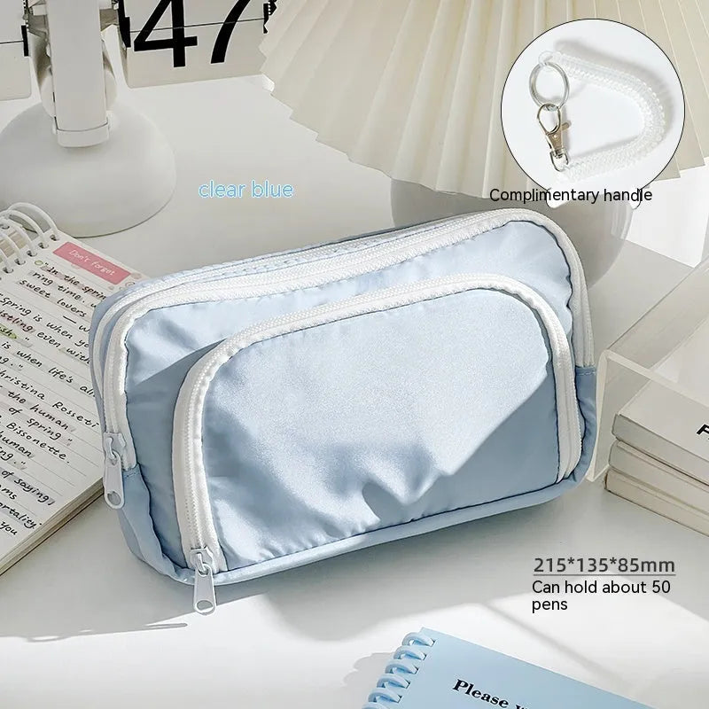 Solid colour double-layer pencil case for high-capacity exam stationery organisation.