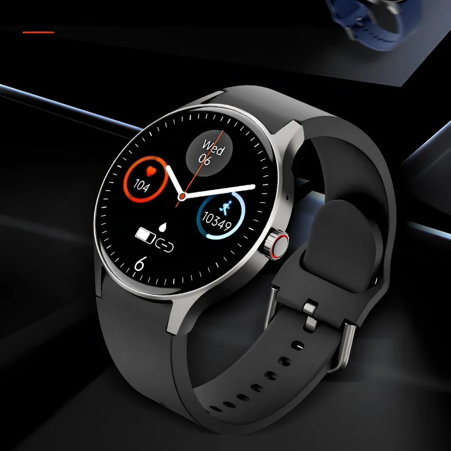 Smart watch with blood sugar and heart rate monitoring on wrist showing AMOLED display
