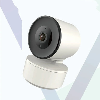 White indoor Wi‑Fi security camera with a lens on a swivel base for pan and tilt movement.