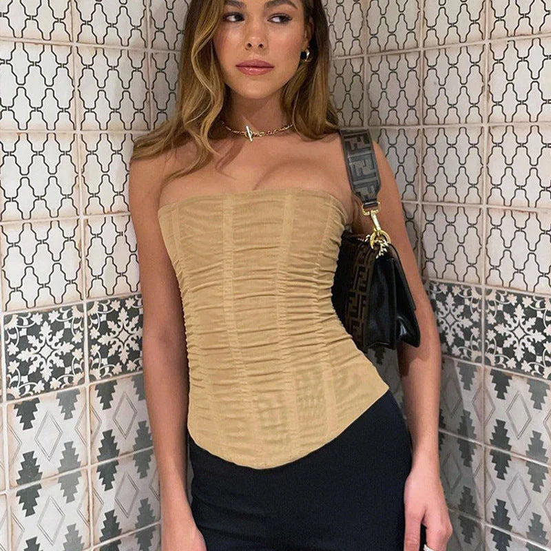 Sleeveless crop top for women with unique mesh and corset design, available in black, khaki, and white colors