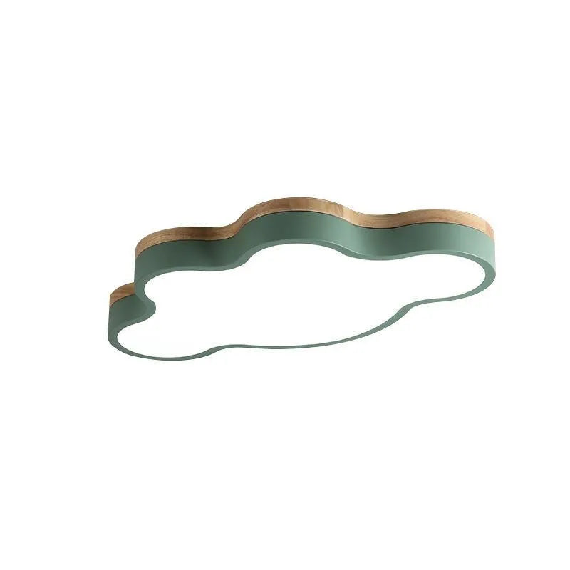 Cloud-shaped ceiling lamp with wooden construction and LED lighting in pink, blue, green, or yellow colour options