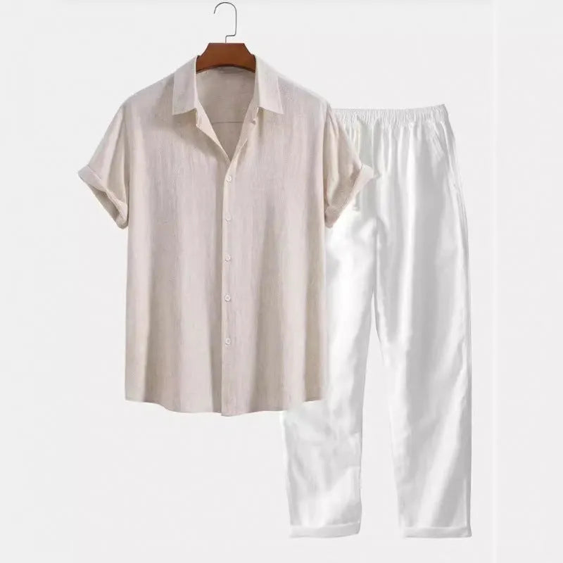 Men's casual loose fit short sleeve shirt and trousers suit in linen-look polyester fabric, available in multiple colours