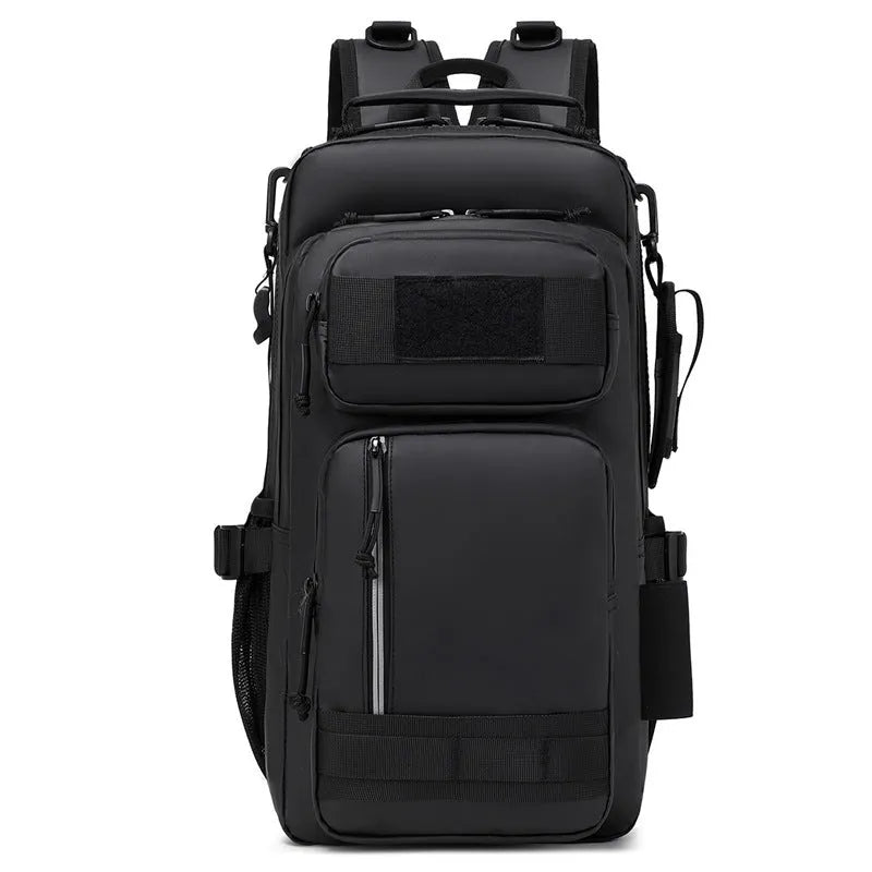 Large orange and black derm outdoor backpack with 20-35L capacity for hiking and camping.