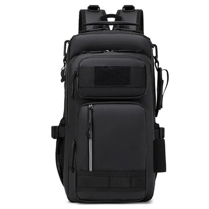 Large orange and black derm outdoor backpack with 20-35L capacity for hiking and camping.