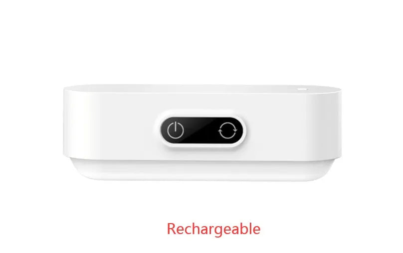 White magnetic USB rechargeable LED night light with touch controls, shown attached to a metal surface.