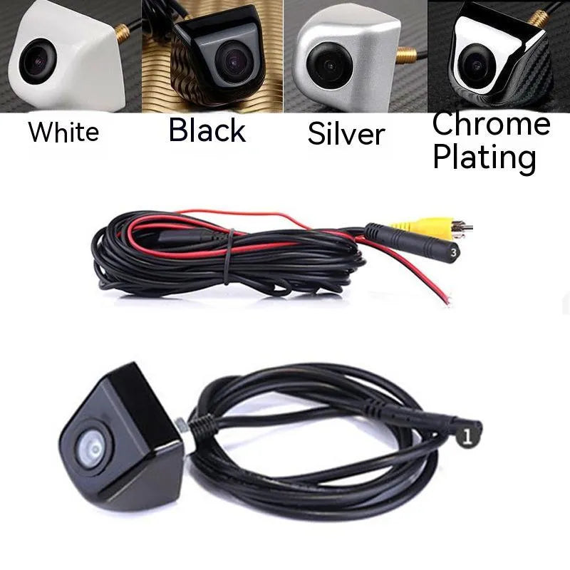 Black metal car reversing camera with lens and integrated wiring cable