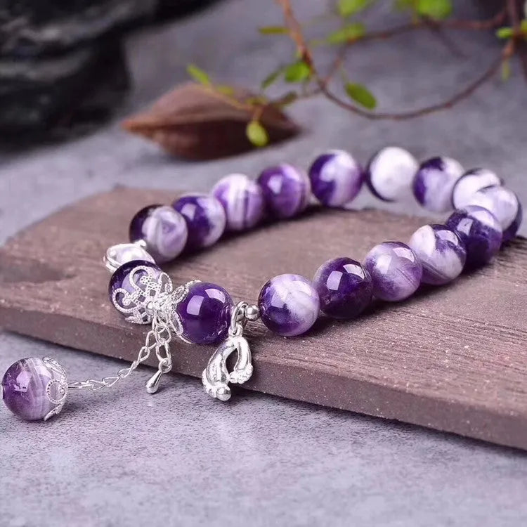 Amethyst bracelet with 10mm round violet beads on elastic string