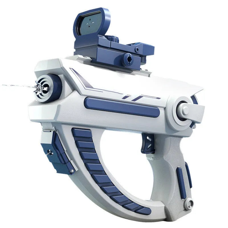Blue automatic electric water gun toy with USB charging cable on a summer background