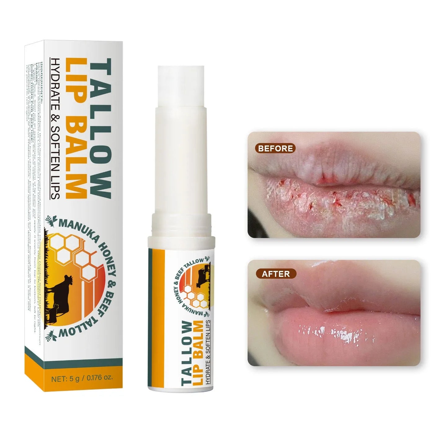 5g tallow lip balm refillable stick measuring 83mm in length with 19mm diameter