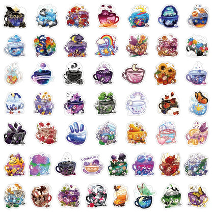 Colourful tea cup graffiti waterproof stickers in a 50-piece set for DIY personalisation of luggage and scooters