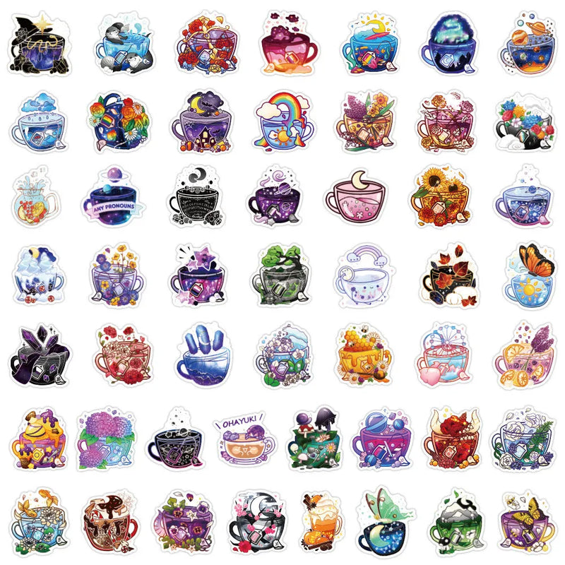 Nordic-style waterproof luggage stickers with colourful tea cup graffiti design: 50-piece set for DIY personalisation of scooters and sports gear, offering durable vinyl adhesion and weather-resistant protection.