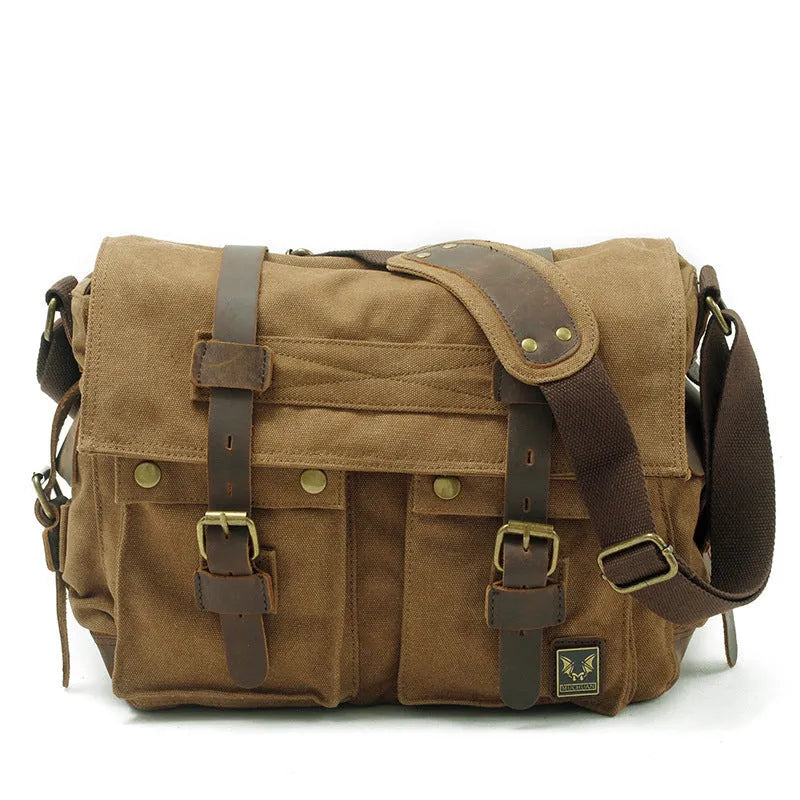Men's canvas crossbody shoulder bag with cowhide accents and flap closure in retro postman style