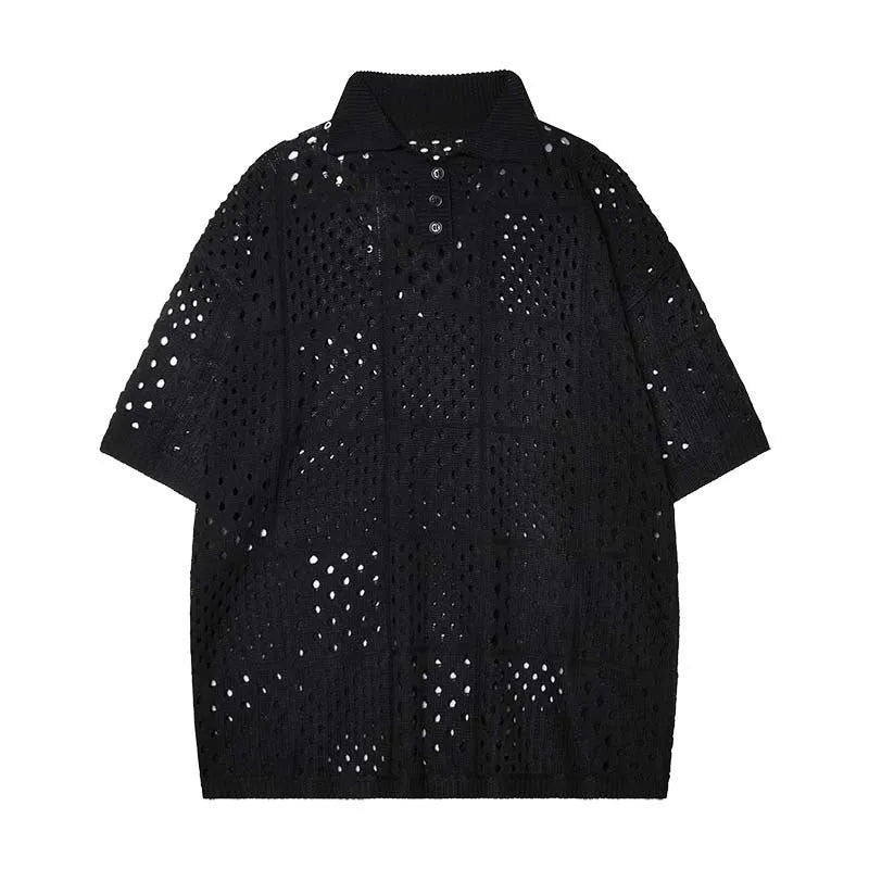 Short-sleeved knitting polo shirt in a solid colour hollow design with a loose, casual fit, made from chemical fibre blend polyester fabric, available in black or white for teenagers in sizes S, M, L, XL, and XXL.
