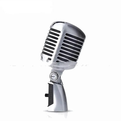 Classic retro dynamic microphone in silver finish with all-metal construction.