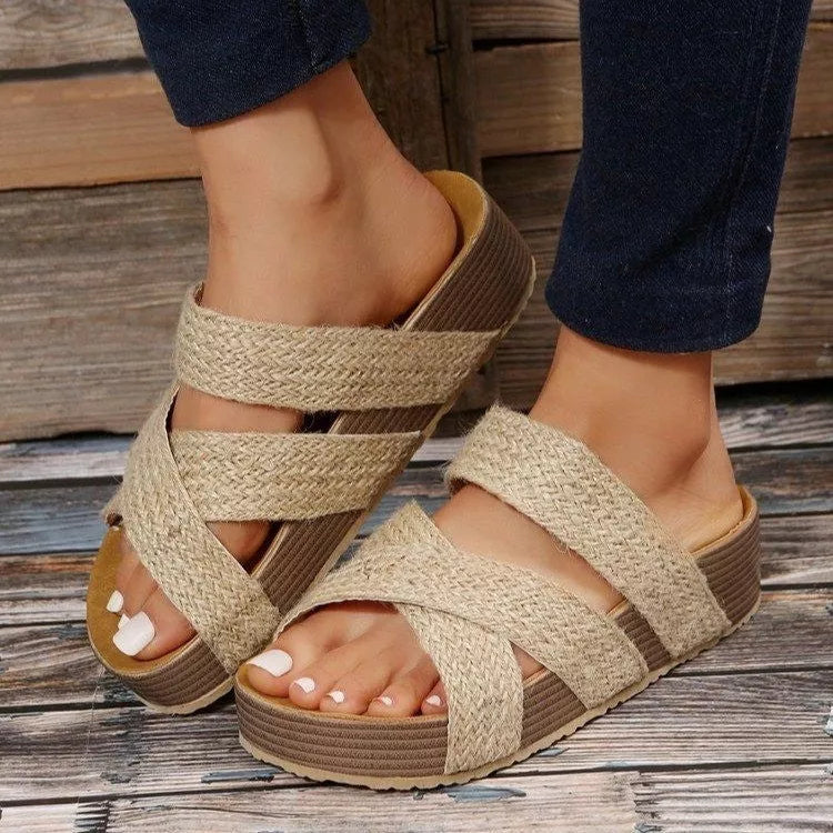Women's woven cross-strap slippers in various colours, perfect for summer beach outings