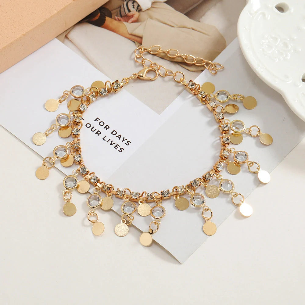 Adjustable beach women's anklet in gold and silver with geometric design