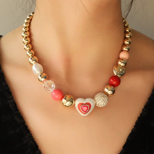 Elegant Heart Peach Pearl Bracelet Set with O-shaped chain and imitation pearls