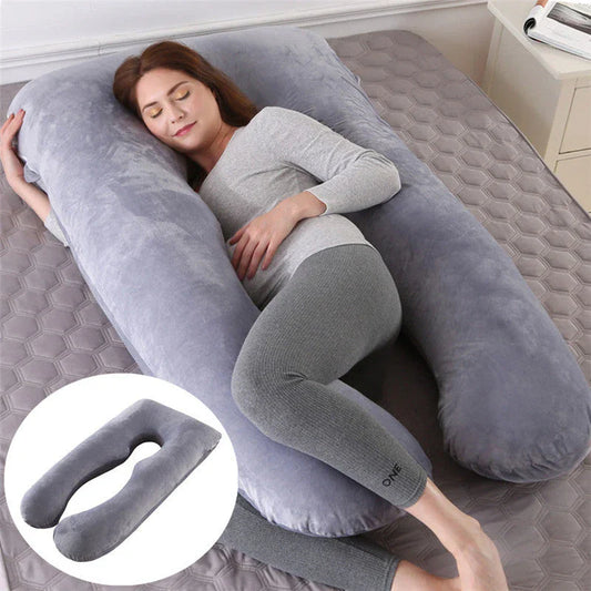Premium U-shaped pregnancy pillow with pure cotton exterior and polyester fiber filling, designed to provide soothing support and refreshing coolness for expectant mothers.